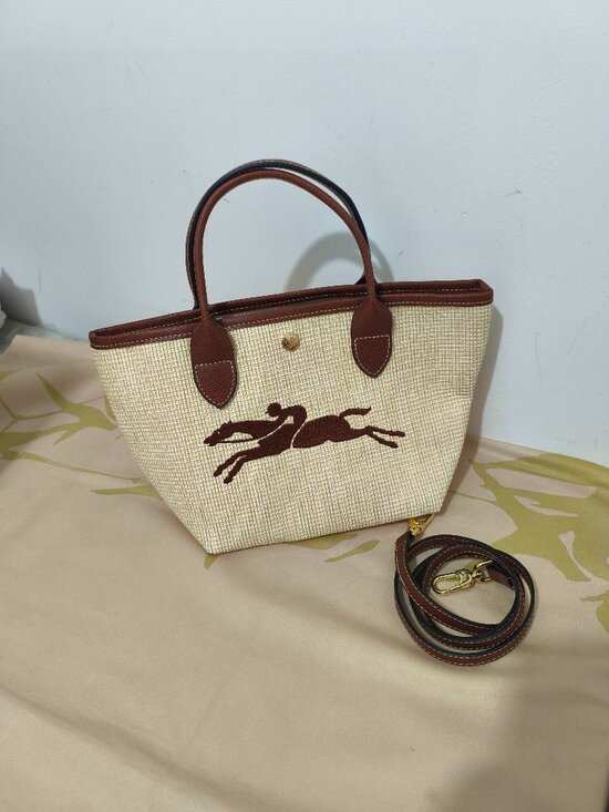 Longchamp Handbags - Longchamp Leather-Trim Woven Tote Bag With Horse Motif - Brown/Beige